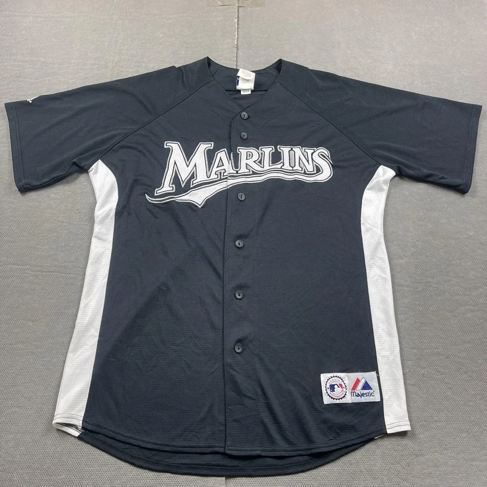Florida Marlins Jersey Mens Large Black MLB Baseball Majestic Button Front‎